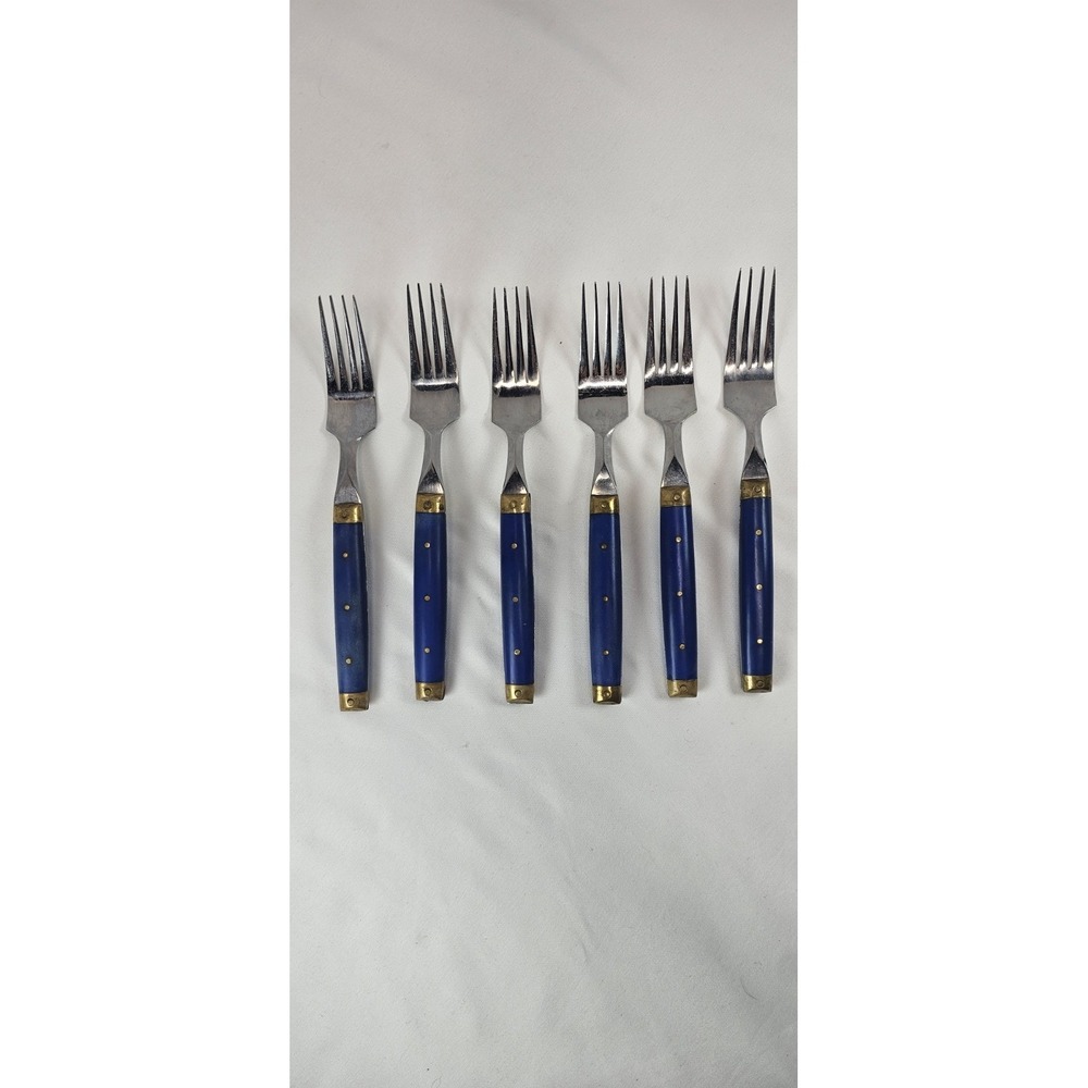 Vintage Japan Fork Set Blue Handle Brass Rivet Melron Style Bistro 6pc